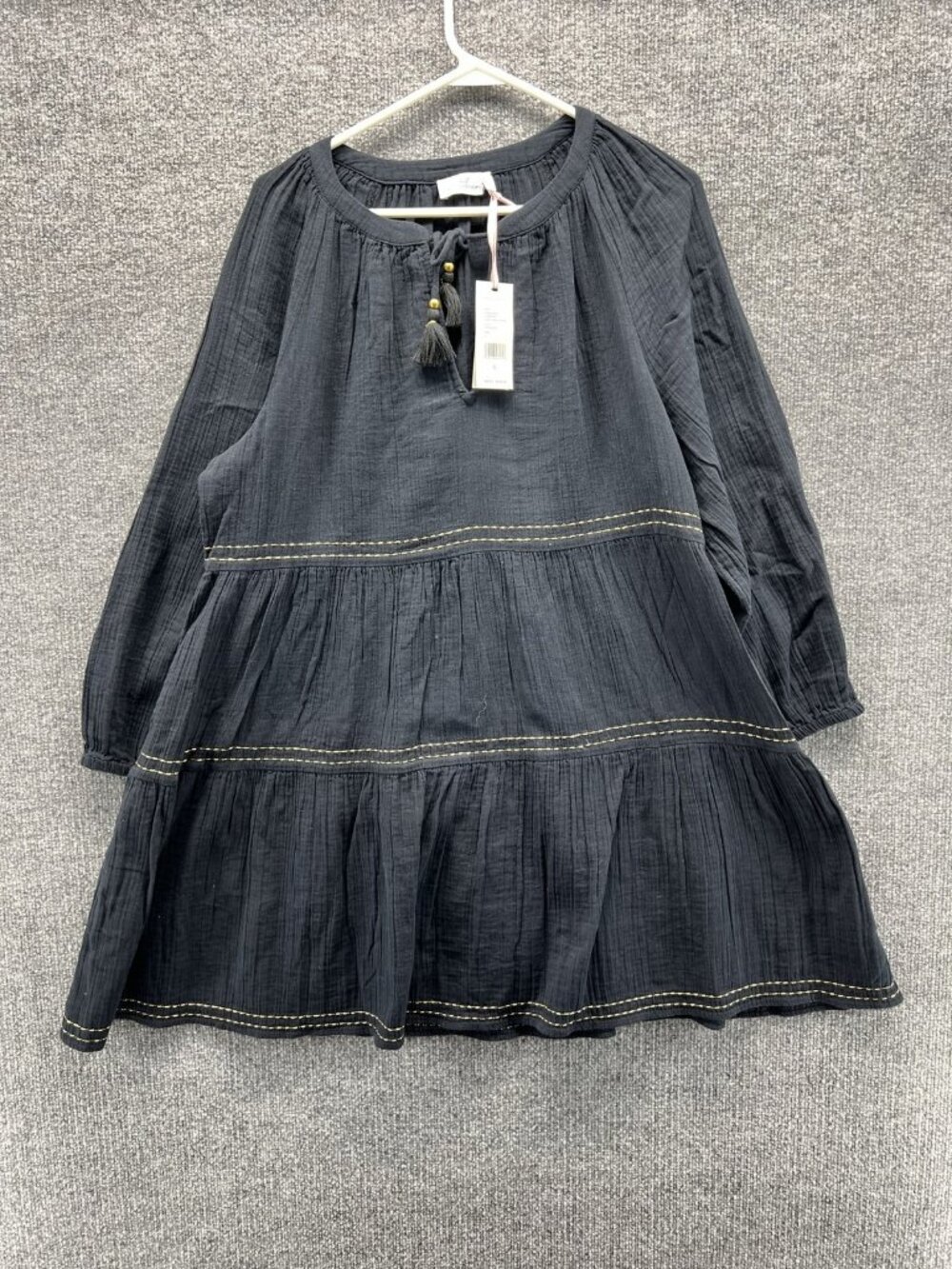 Vineyard Vines Cover Up Womens Large Black Gauzy Tiered Tassel 3/4 Sleeve Beach